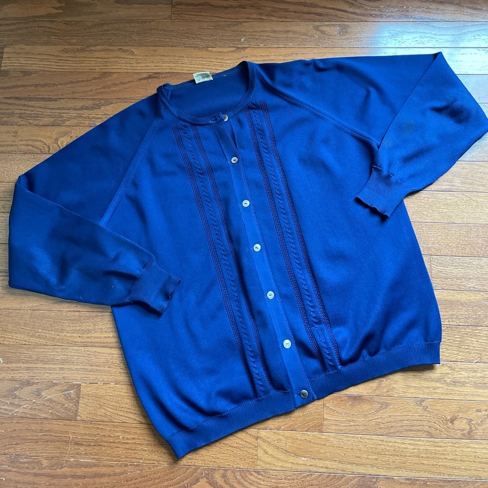 Vintage 60’s Trevira Blue Cardigan Sweater ~ L / XL